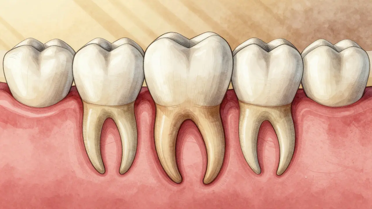 Zdravý kořen zubu s vazovými vlákny udržujícími kost čelisti a správné zarovnání zubů.