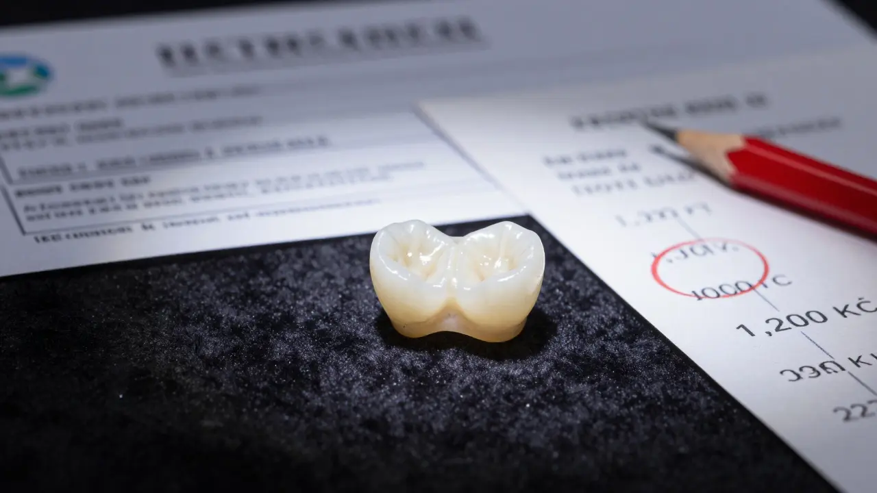 Zirkonová korunka na černém hedvábí s dokumenty pojišťovny a fakturou vedle.