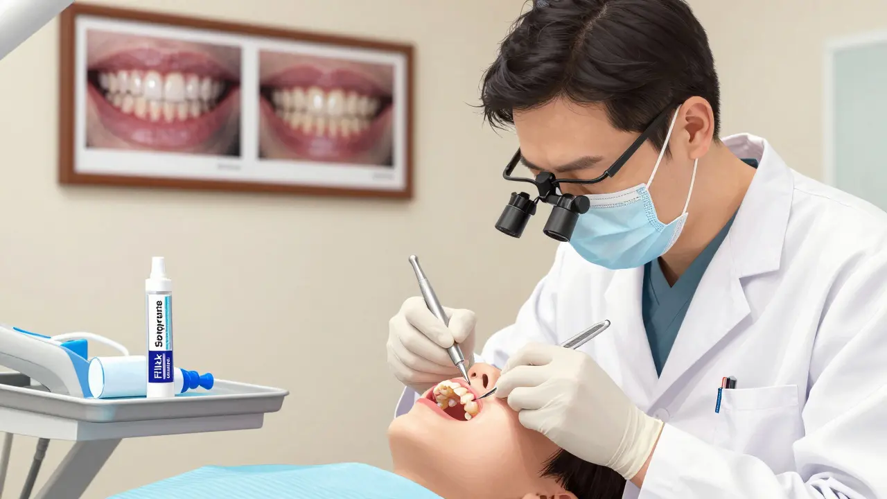 Zubař přesně opravuje přední zub kompozitní plombou v klinice.