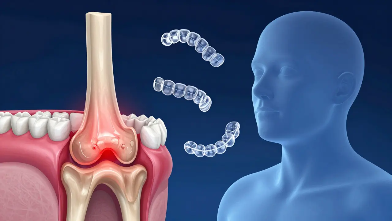 3D náčrt temporo-mandibulárního kloubu před a po opravě zarovnání zubů s barevnými zvýrazněními.