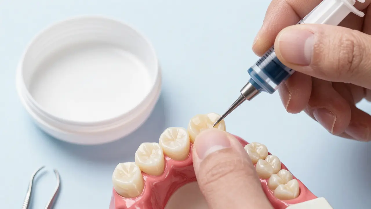 Ceramic veneer being carefully reattached to a tooth with modern dental adhesive.