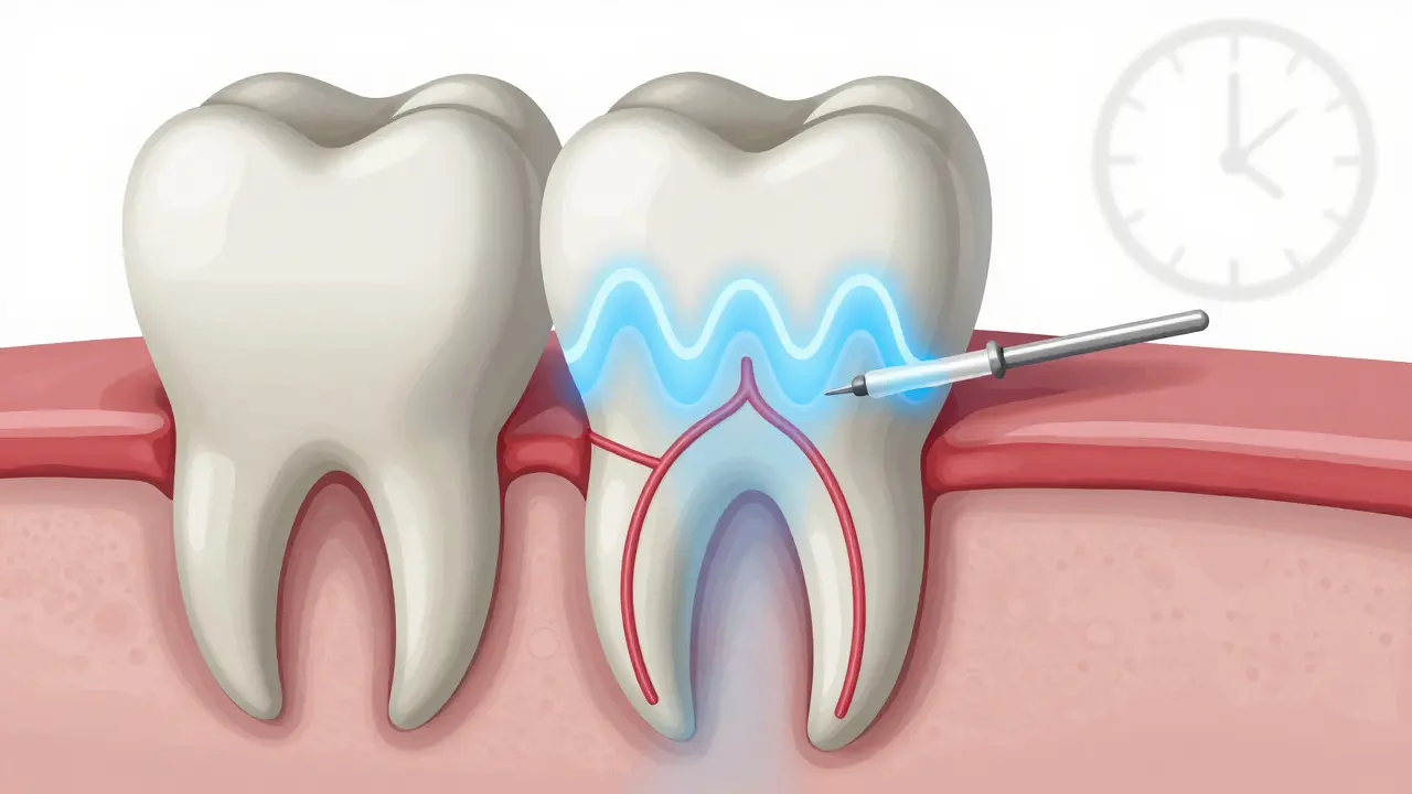 Cross-section of a tooth with anesthetic fluid spreading through the root canal to block nerve signals.