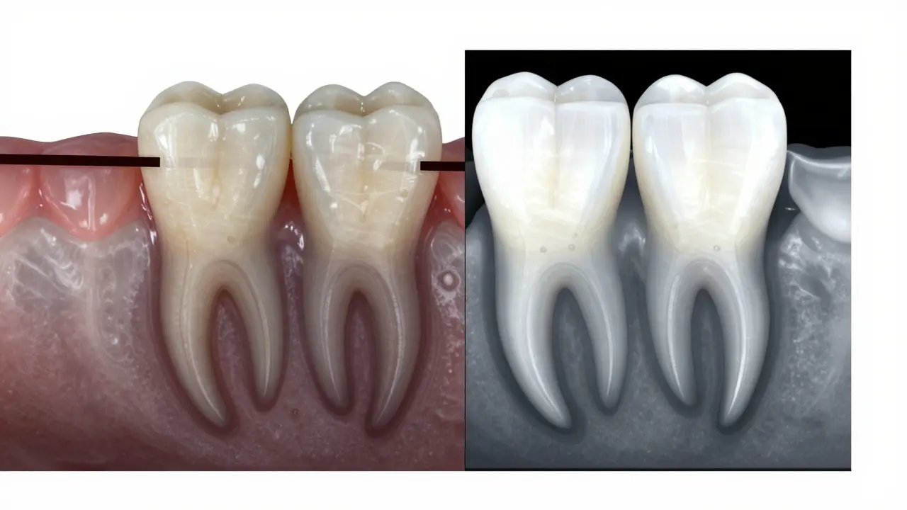 Dark line at gumline beneath veneer with X-ray showing underlying tooth damage.