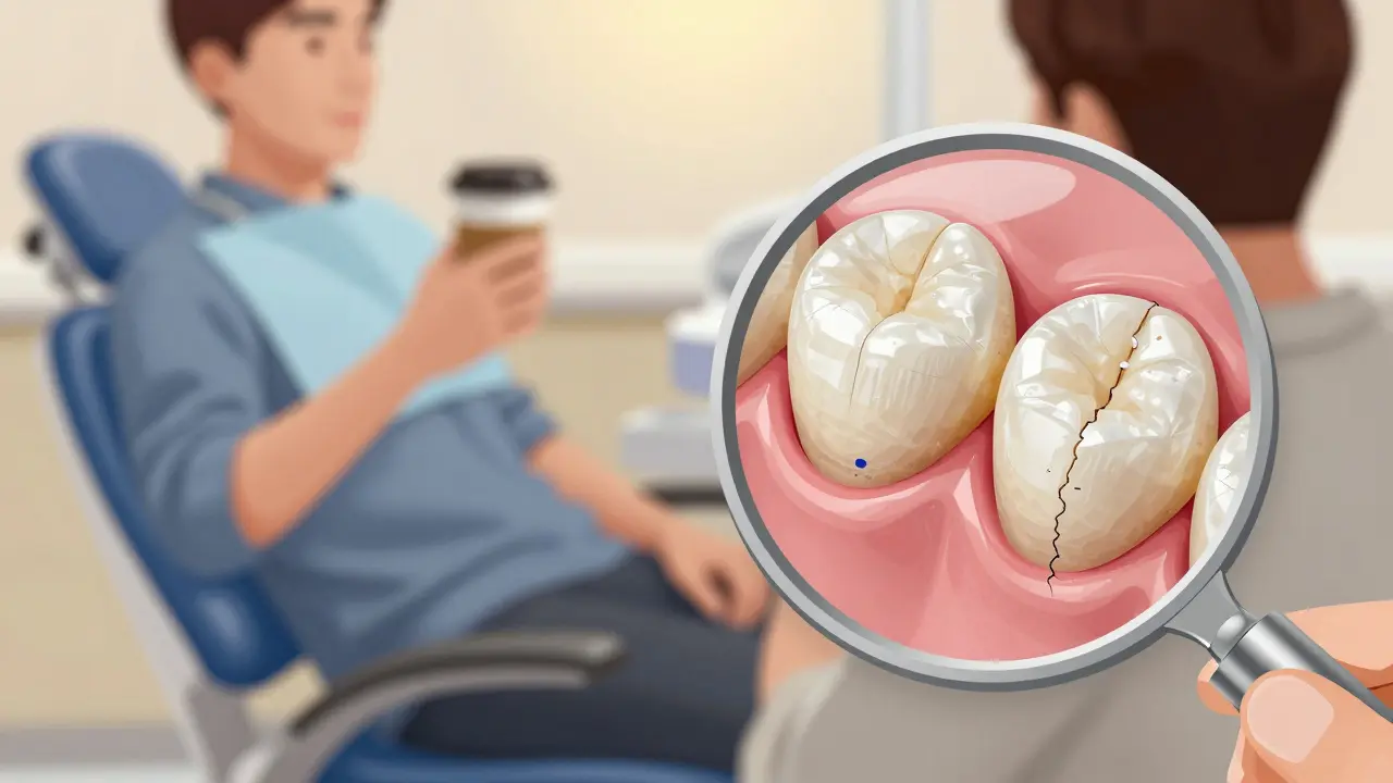 Dentalní křeslo s kávou a zvětšeným pohledem na poškozenou kompozitní fazetu.