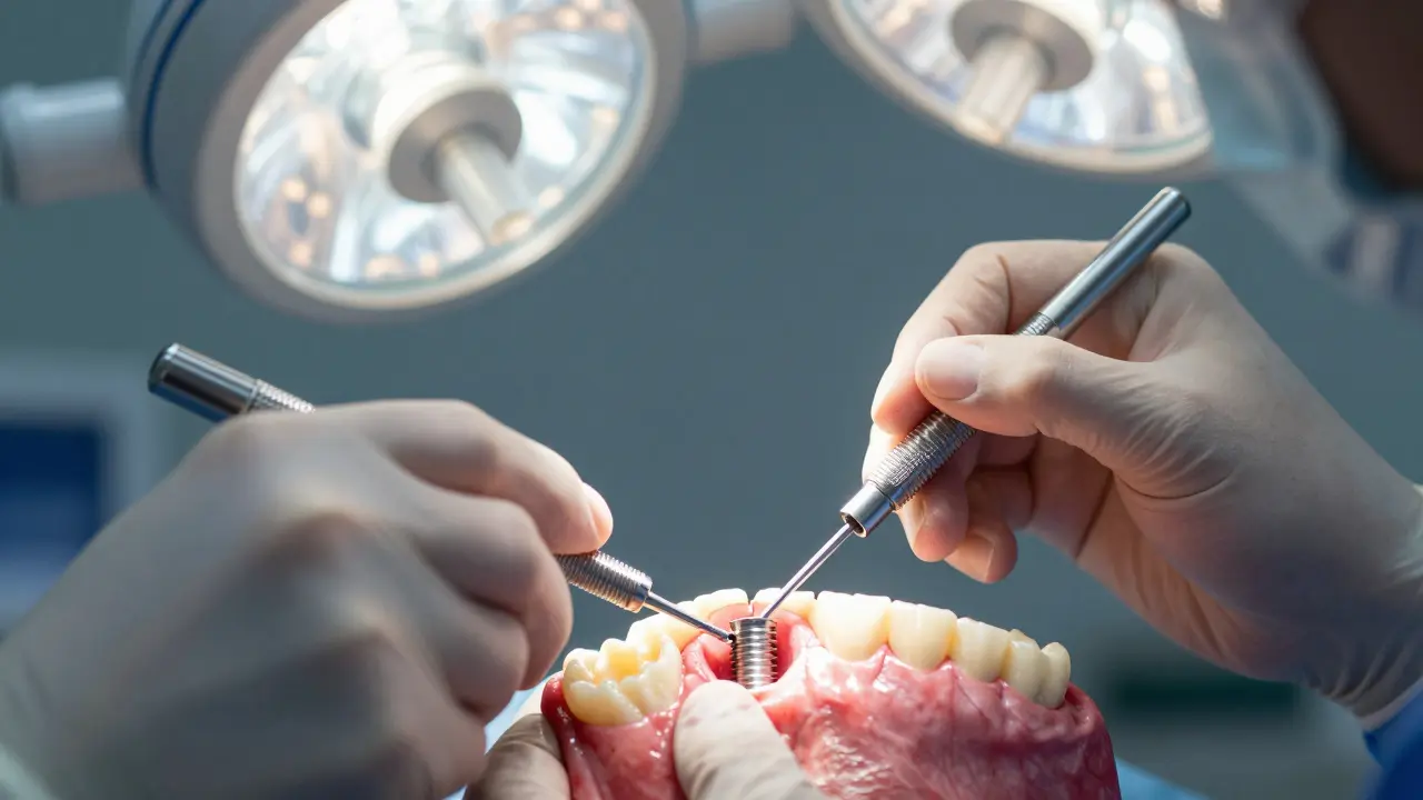 Dentista vkládá titanový implantát do čelisti pod sterilními podmínkami.