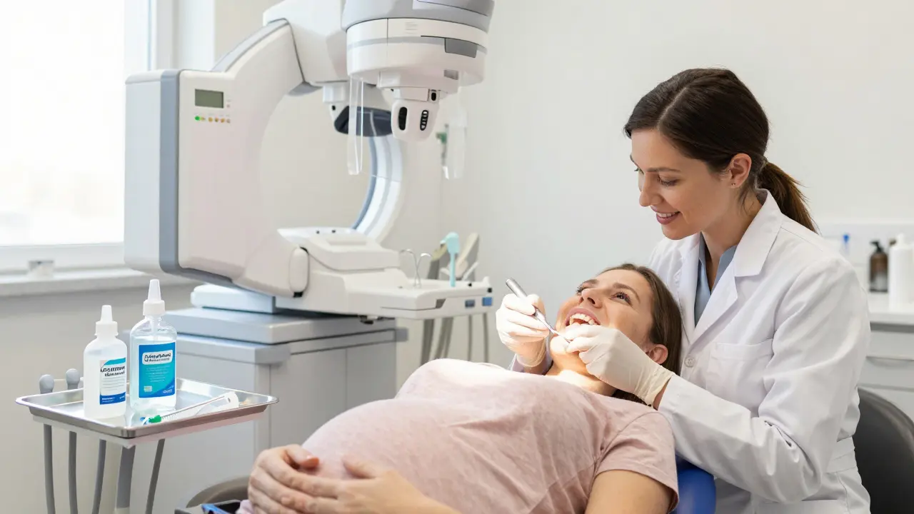 Dentistka pečuje o těhotnou pacientku během profesionálního čištění zubů v zubní klinice.