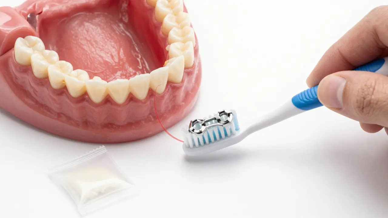 Detached bracket beside toothbrush with plaque buildup around braces