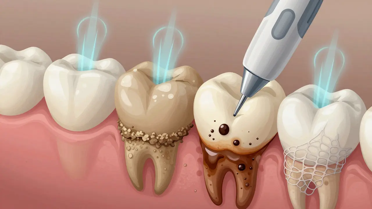 Detail zubního povrchu s plakem, kamenem, pigmenty a biofilmem, které jsou odstraňovány ultrazvukovými vlnami.