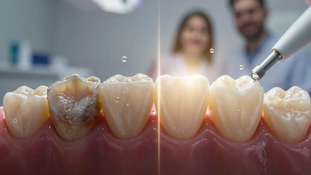 Dvě strany zubu: jeden znečištěný a šedý, druhý čistý a lesklý, s mikro bublinami ve vzduchu kolem něj.