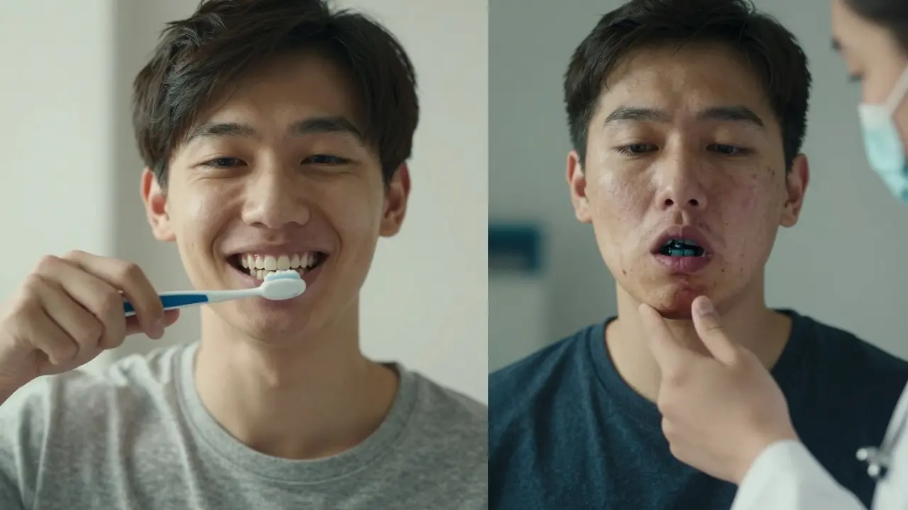 Dvojí obraz: zdravý úsměv vlevo a zubní rentgen s abscesem vpravo, ukazující důsledky zpožděné léčby.