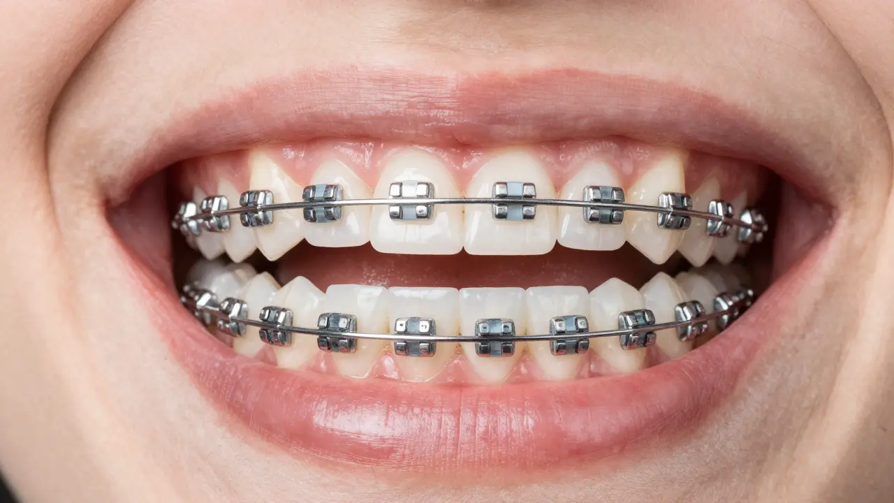 Keramická rovnátka na horní čelisti a kovová na dolní, srovnání estetiky a funkce.