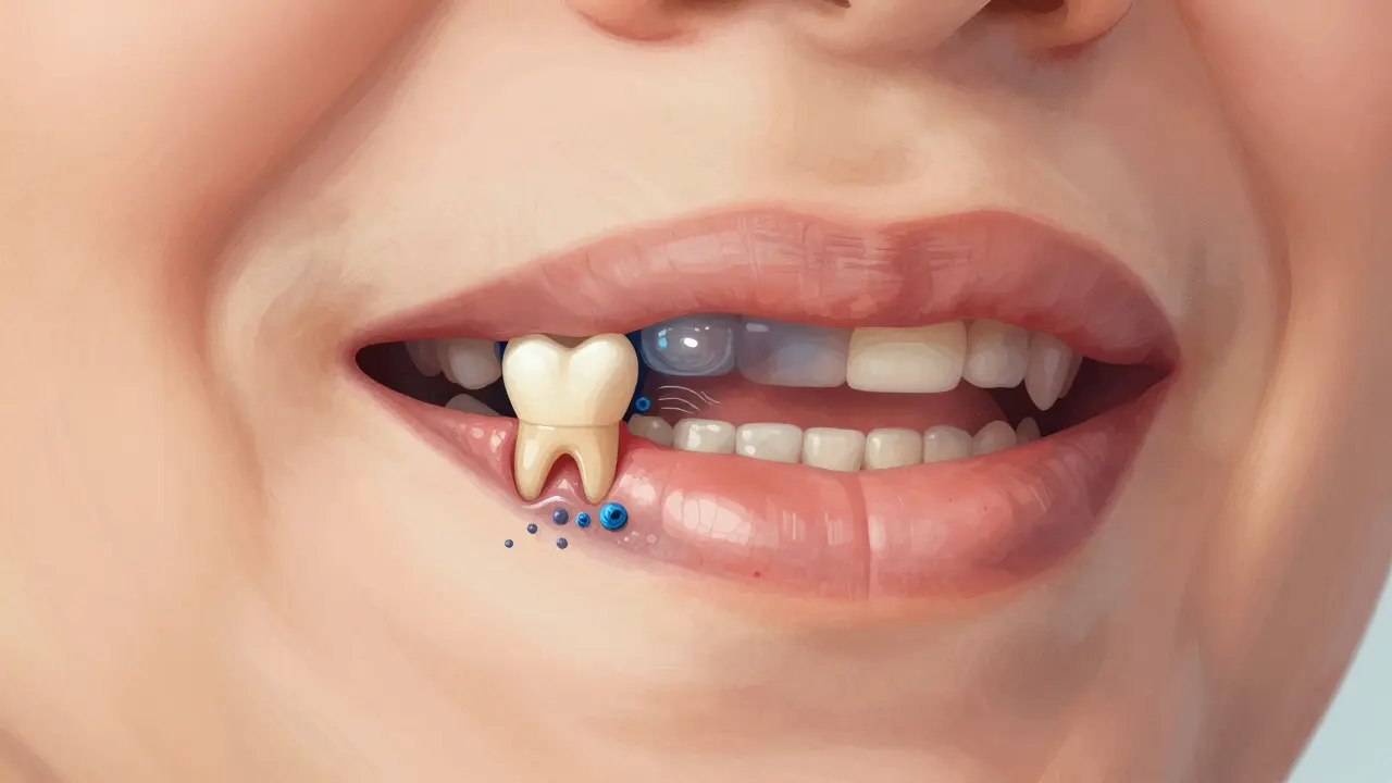 Křížový řez ústní dutiny s počínajícím kazu u dásně a plakem pod korunkou.