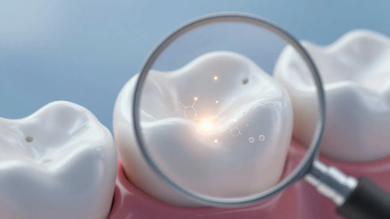 Magnified view of tooth enamel with microscopic pores opening during whitening and healing.