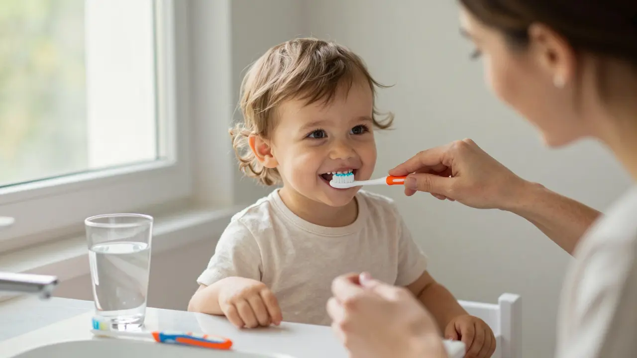 Matka čistí zuby malému dítěti, symbolizující denní prevenci kazu.