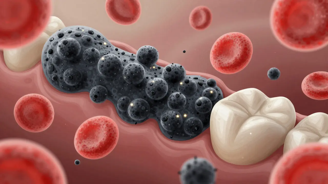 Mikroskopický pohled na bakterie a krevní produkty v zubním kamenu