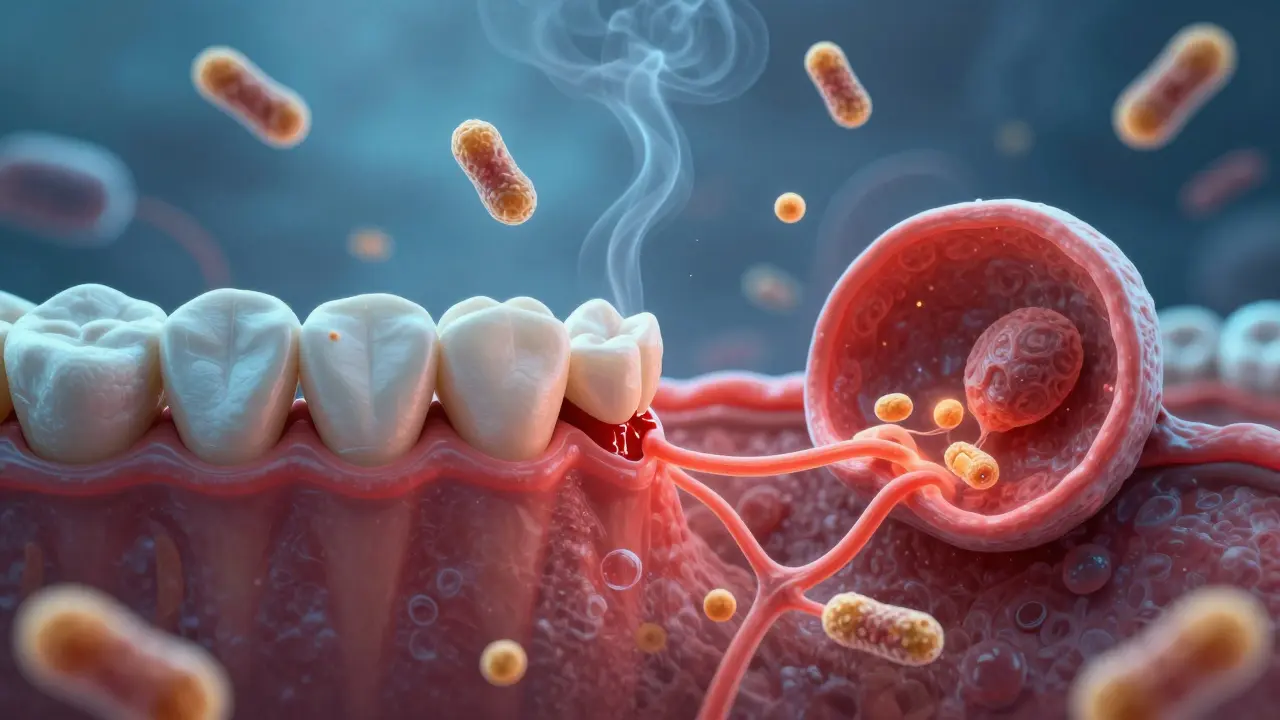 Mikroskopický pohled na bakterie v zubním plaku a jejich vliv na dásně a placentu během těhotenství.