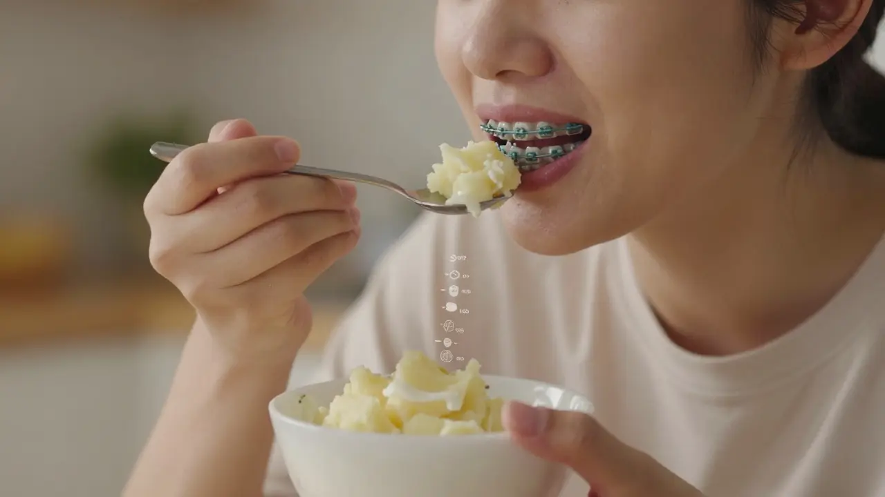 Osoba jí měkké potraviny s keramickými rovnátky, důraz na opatrné žvýkání a péči o ústa.