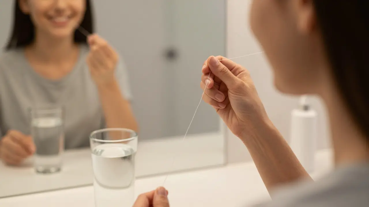 Osoba používá zubní nit mezi zuby, na pozadí sklenice teplé solné vody.