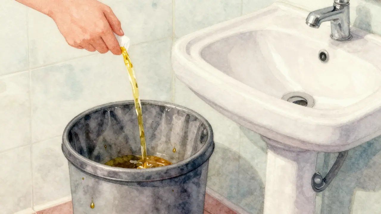 Osoba vyplivá olej do odpadkového koše místo do umyvadla