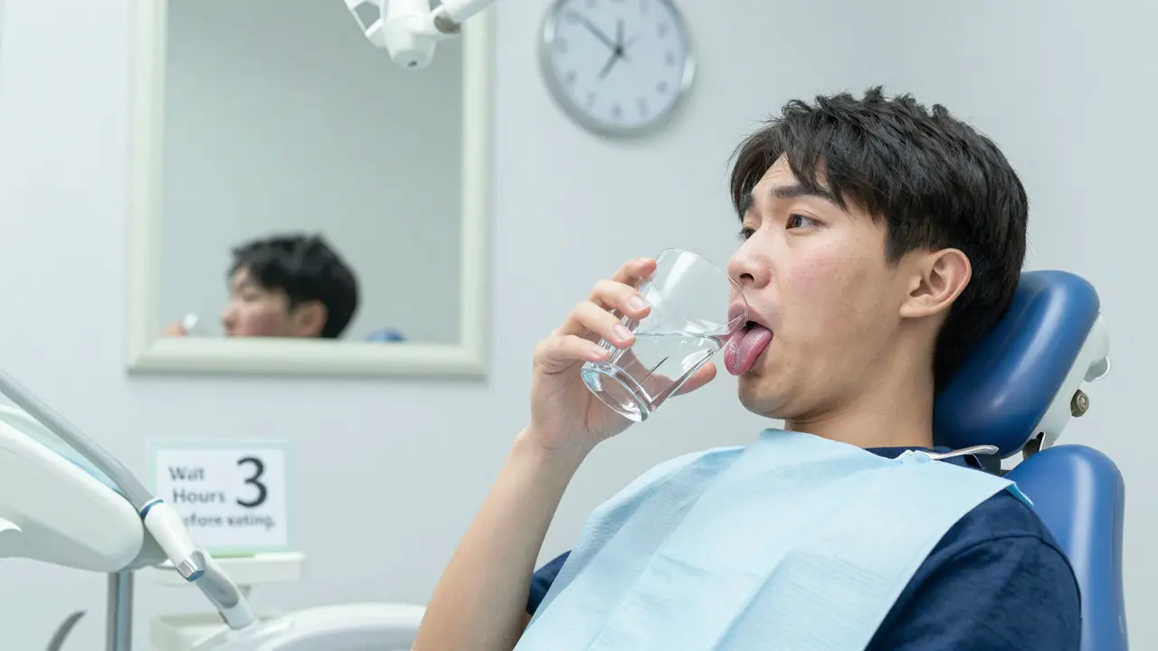 Patient with numb lips and tongue hesitating to drink water after dental numbing.