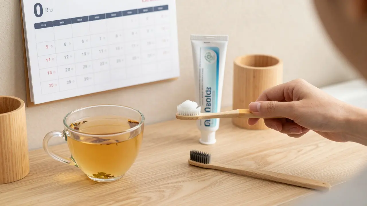 Person brushing teeth with non-abrasive paste, calendar shows whitening every 12 months.