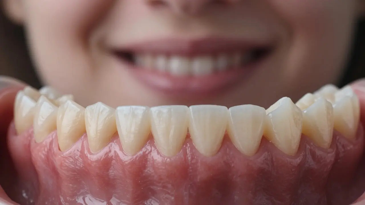 Porovnání ztráty zubu a jeho zachránění: vlevo posunuté zuby, vpravo zub s korunkou a zdravými dásněmi.