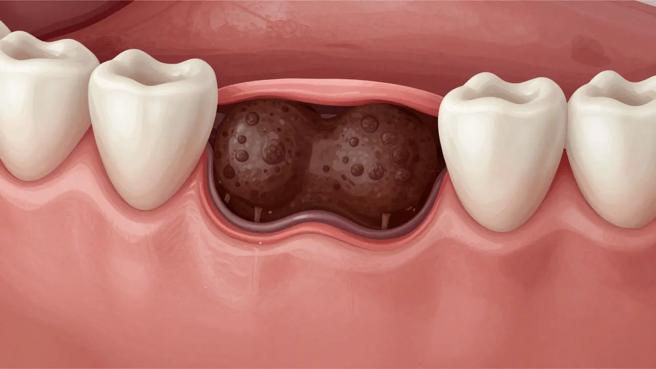 Příčný řez dásně s tmavým zubním kamenem pod dásní a zánětlivými tkáními.