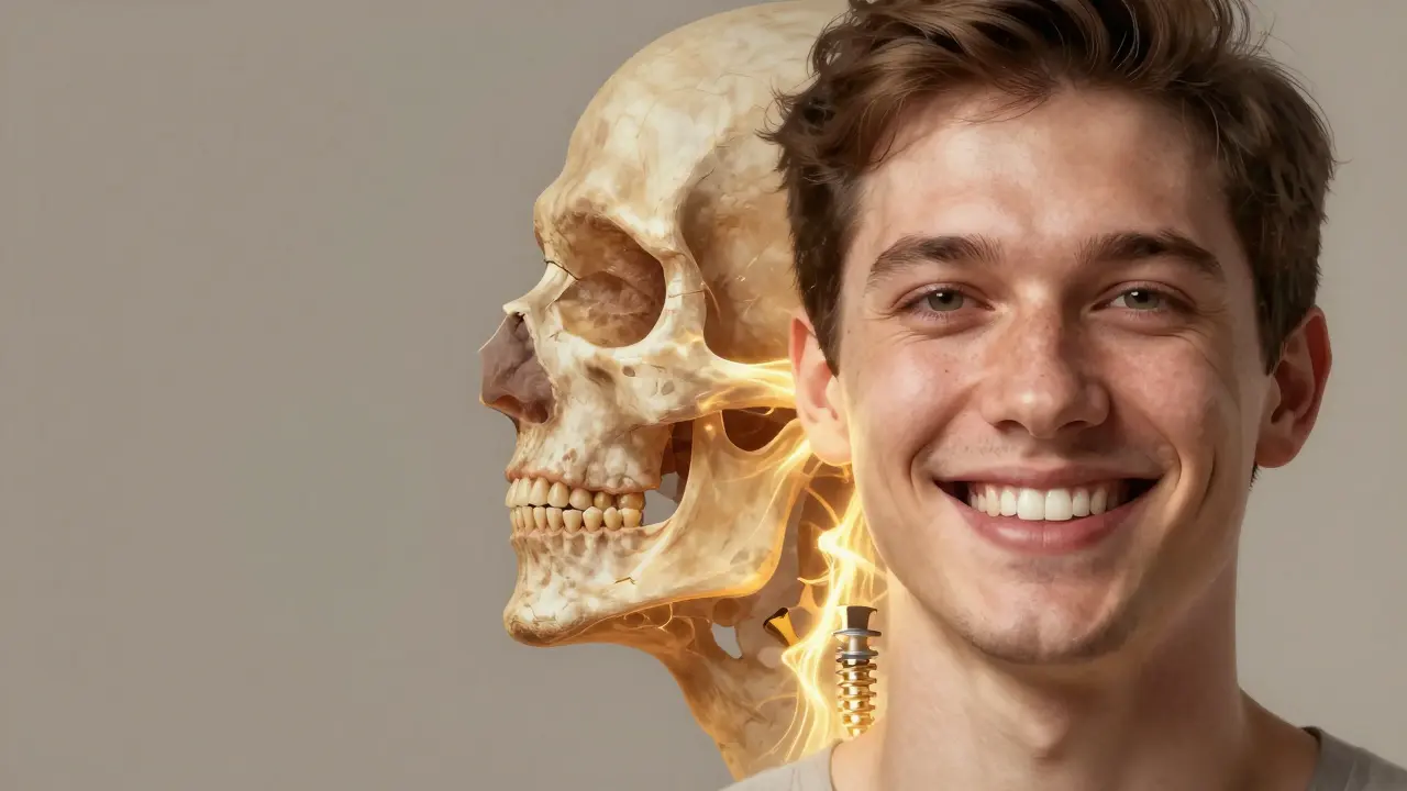 Profilingový obraz tváře, který přechází od zhrouteného vzhledu k plnému úsměvu s implantacemi.