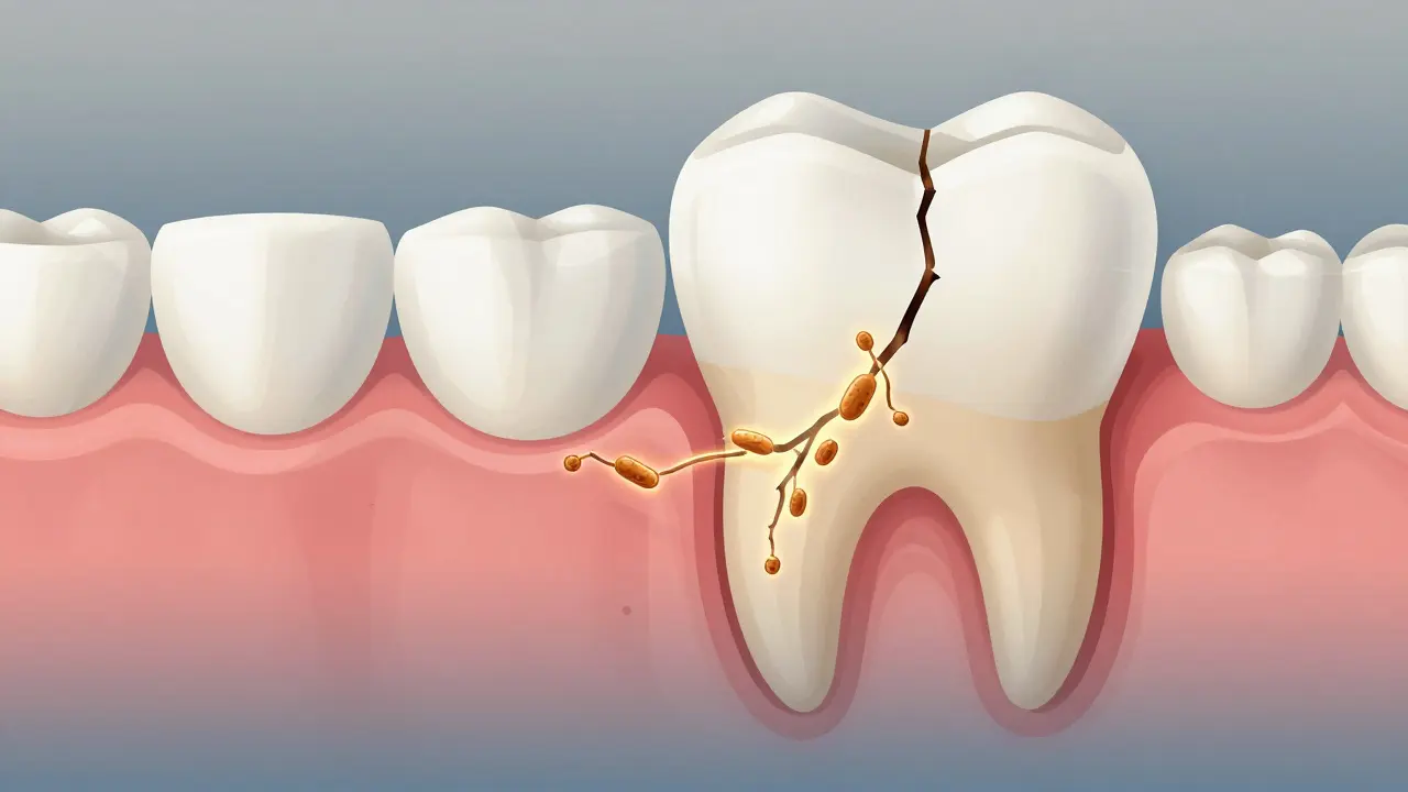 Průřez zubem s prasklinou pronikající do dentinu a bakteriemi
