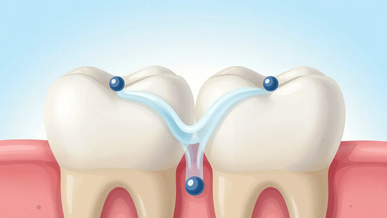 Průřez zubů s remineralizací skloviny pomocí slin a fluoridu.
