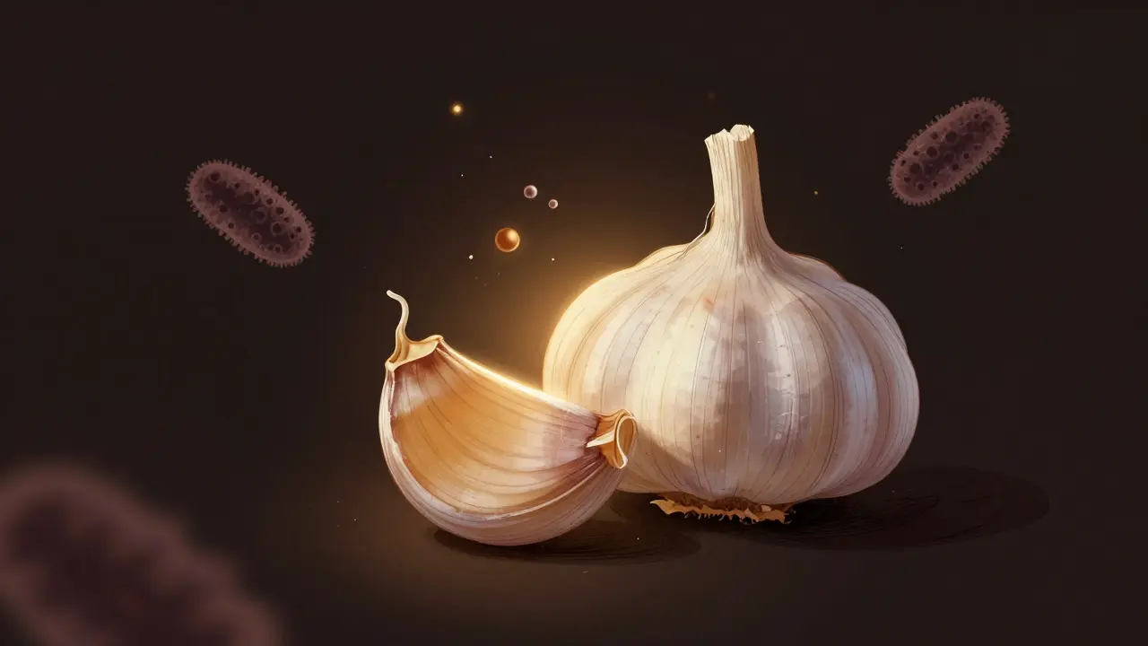 Rozdrtěný česnek leží na zubě s jemným zlatým zářením jako znak léčivé účinnosti.