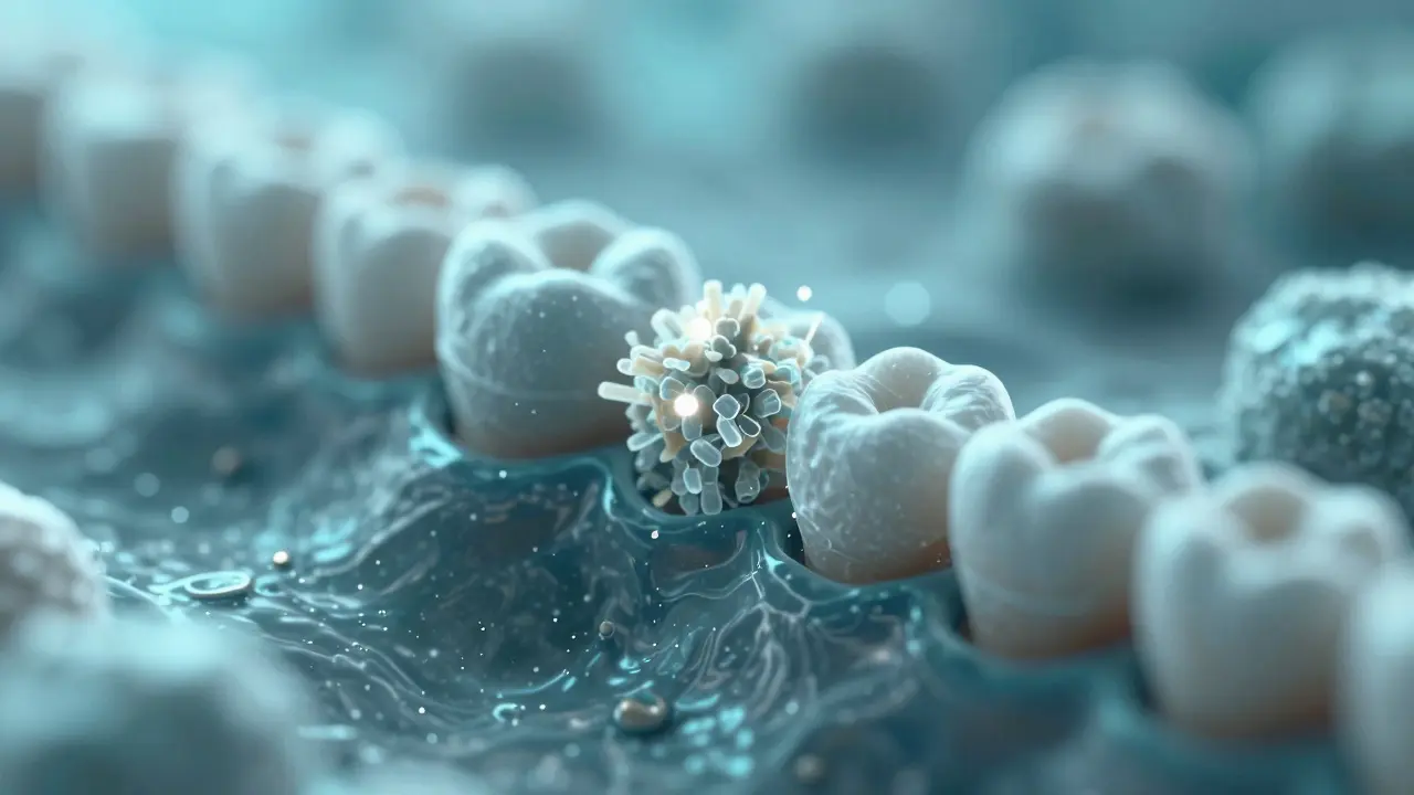 Slinové minerály posilující sklovinku zubů v mikroskopickém zobrazení