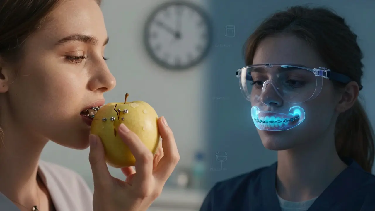 Split image: biting apple damages bracket vs. wearing night guard