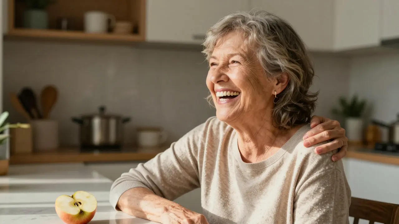 Starší žena se směje se svou dcerou v kuchyni, znovu si dovoluje plný, bezstarostný smích.