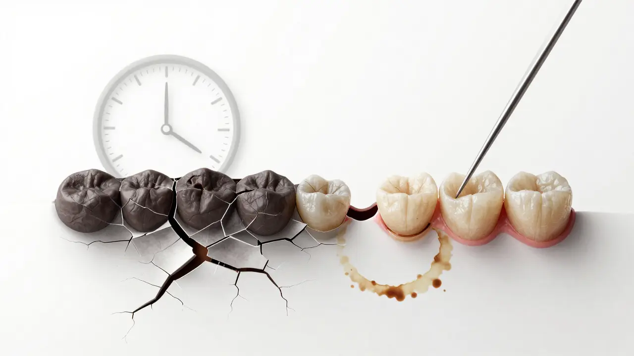 Symbolický obraz poškozené kompozitní fazety s hodinami a kávovou skvrnou, znázorňující časový rozvoj degradace.