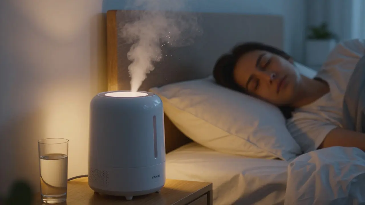 Vlhčič vzduchu v ložnici s mlhou chránící ústní dutinu při spánku