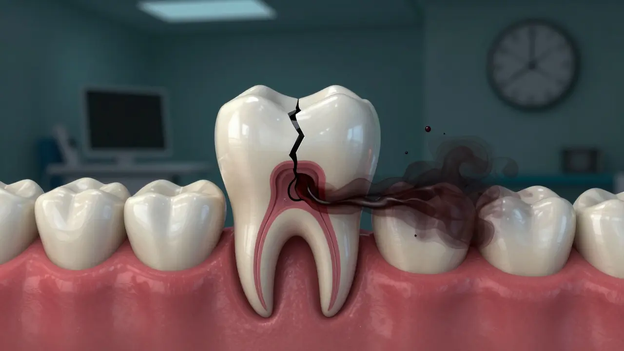 Vnitřní pohled na poškozený zub s šířící se infekcí směrem k čelisti, symbolizující zanedbání bolesti.