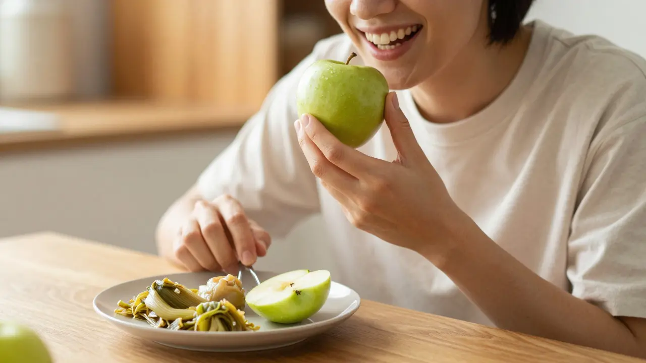 Žena jí křupavé jablko s radostným výrazem v obličeji.