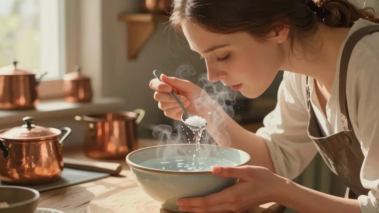 Žena pláce ústa teplou solnou vodou v keramické mísce.