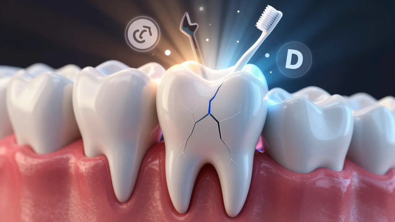 Zub pod mikroskopem ukazující vnitřní poškození způsobené teplotou a brněním.