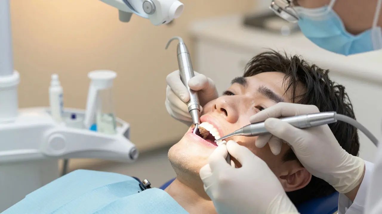 Zubní lékař provádí jemné broušení zubu bez vrtání, používá speciální pastu.