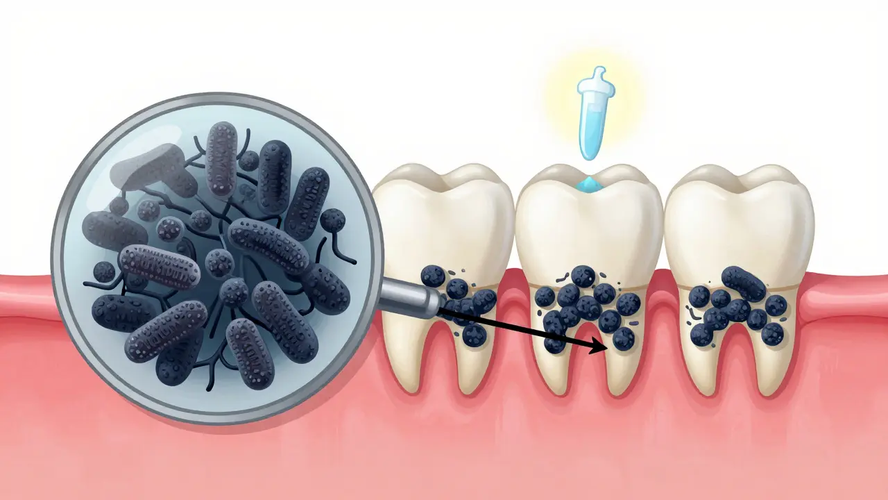 Zvětšený náhled na biofilm s černým zubním kamenem na dětském zubu a jeho vliv na email.