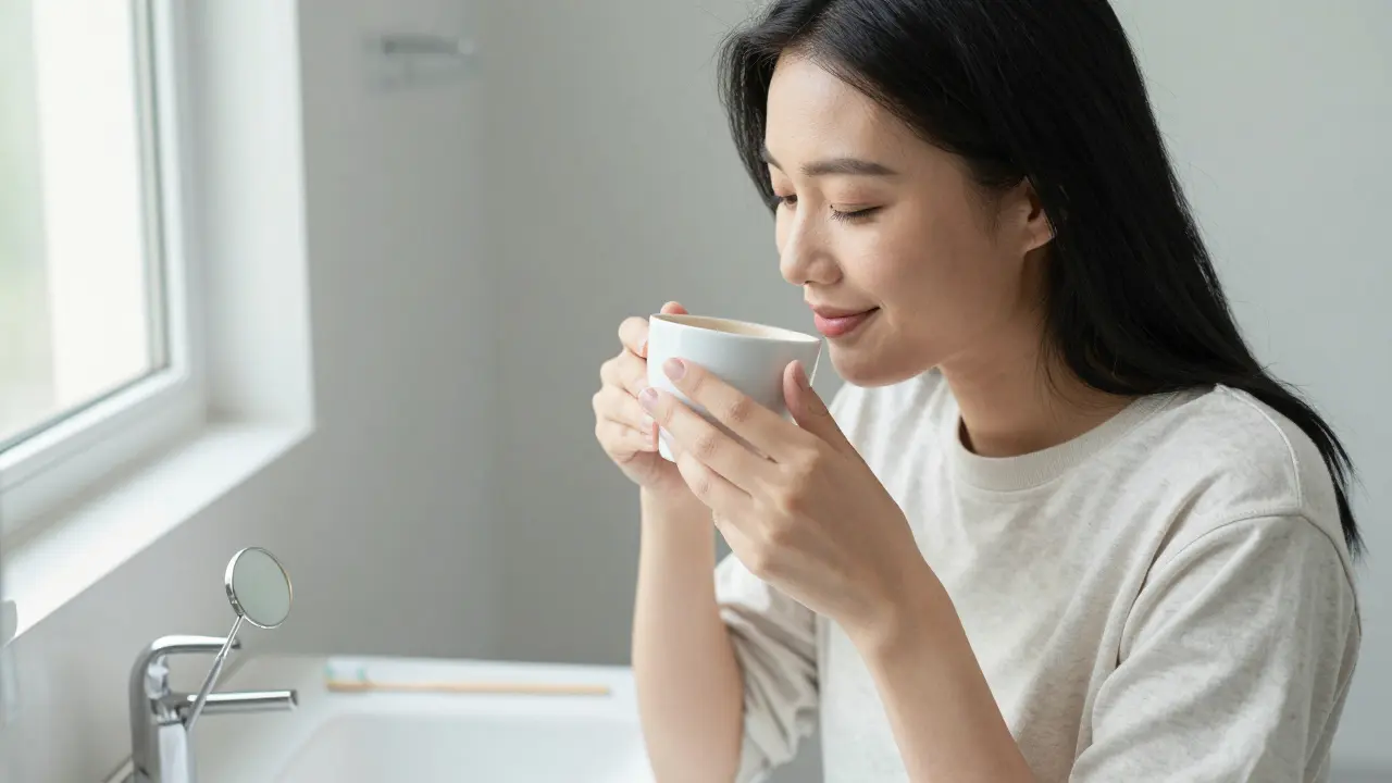 A person enjoying coffee with a relaxed smile, symbolizing relief from tooth sensitivity after treatment.