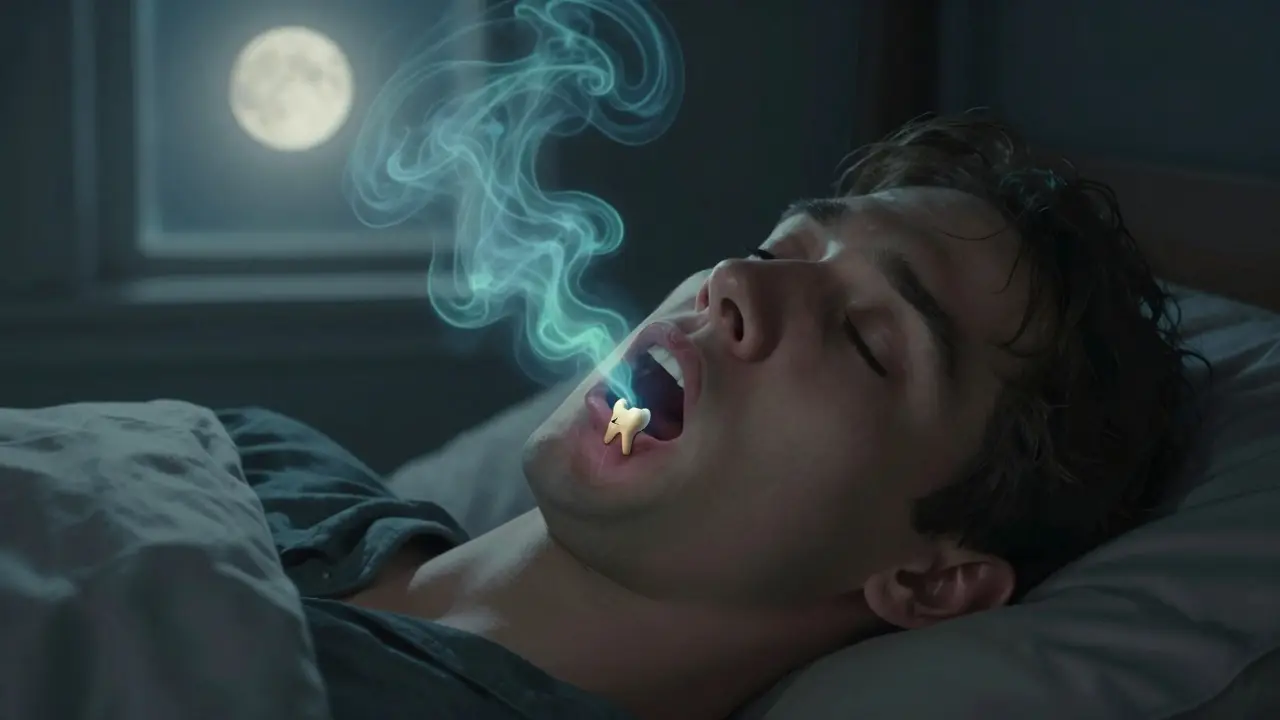 Člověk spící s výrazným dýcháním ústy, z něhož vystupují plyny z prasklého zubu.