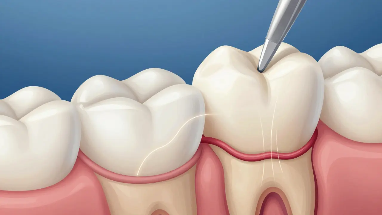 Cross-section of a tooth showing microscopic enamel reduction to relieve pressure on sensitive dentin.