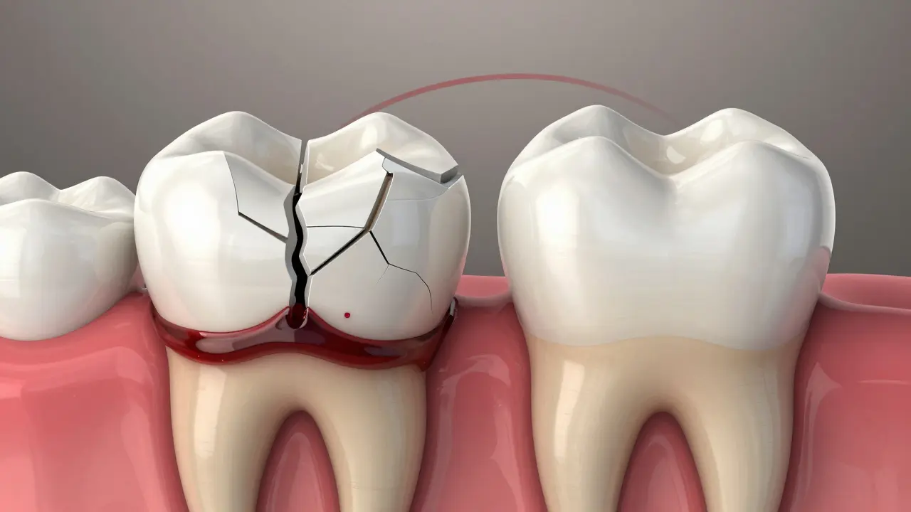 Damaged veneer leaking pus compared to a properly restored tooth.