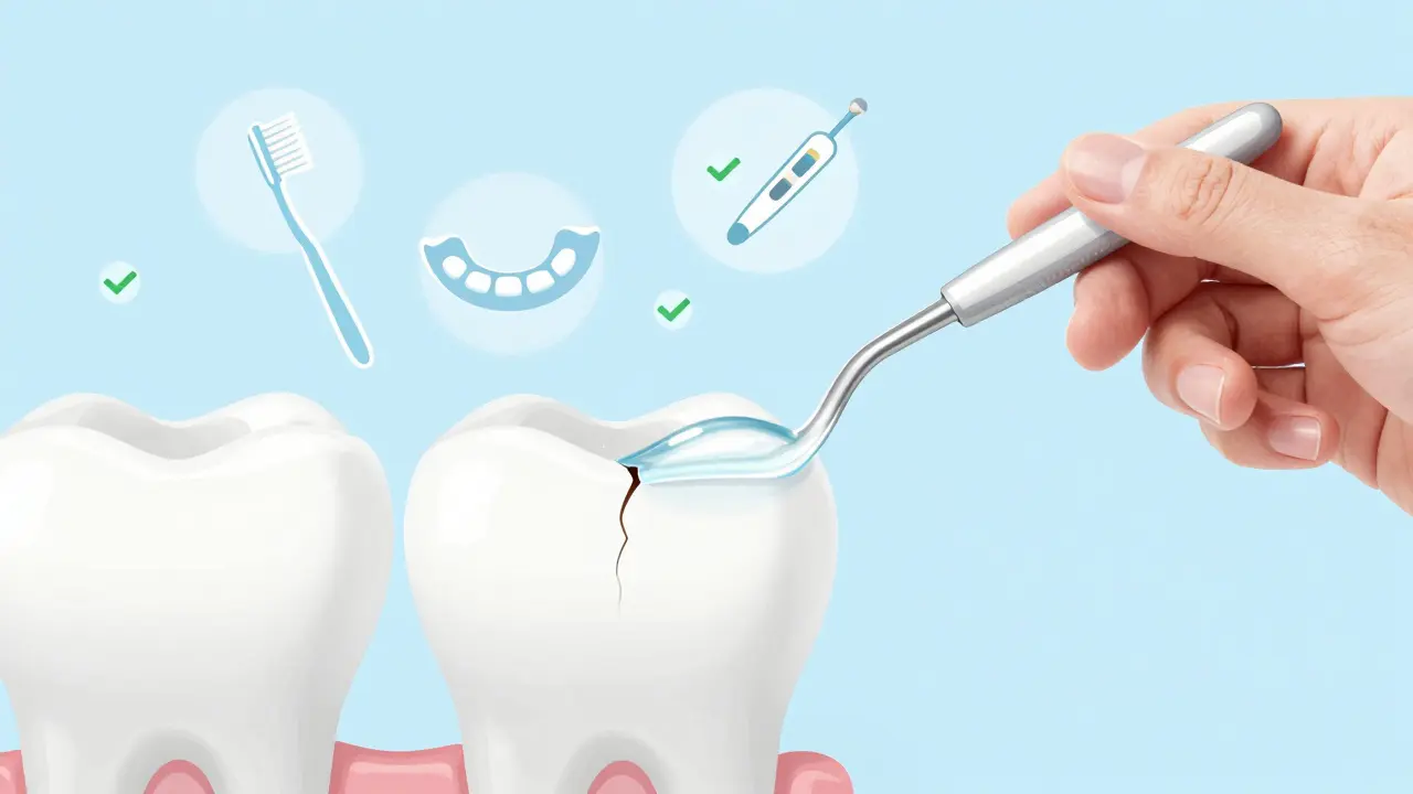 Dentální sonda těsní viditelnou prasklinu na zubě průhledným materiálem.