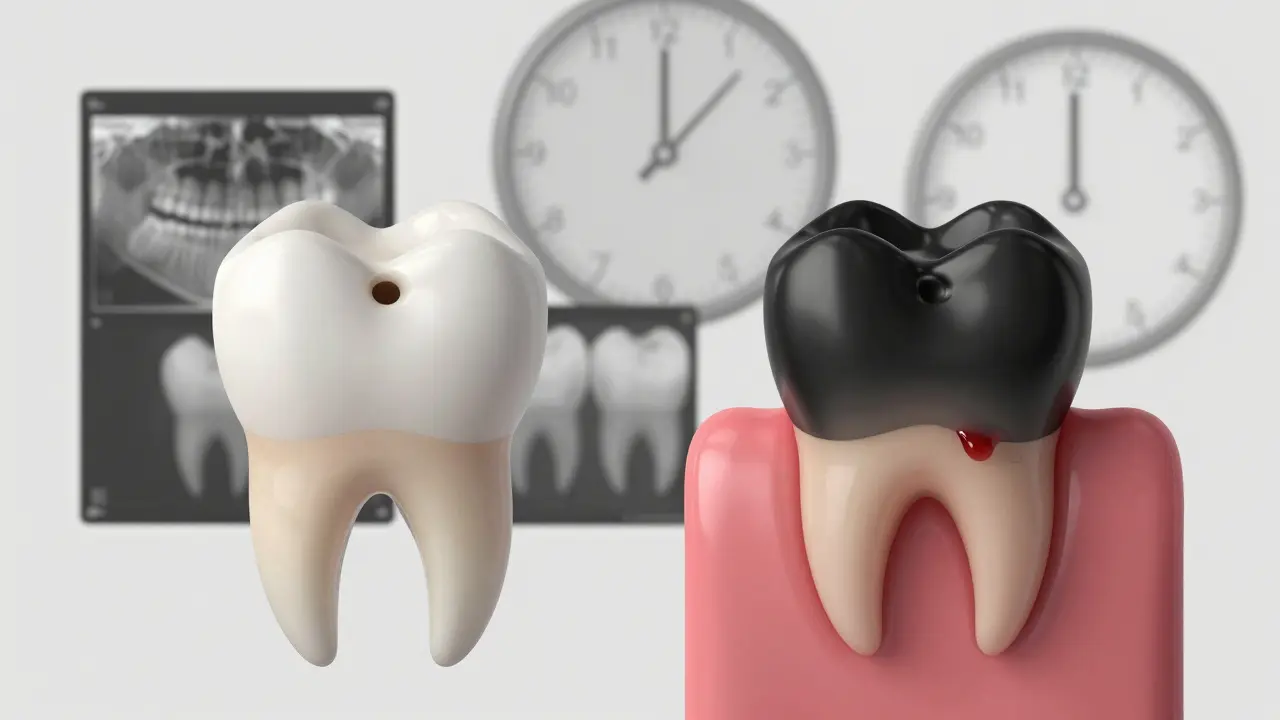 Dva přední zuby vedle sebe: jeden s kazu, druhý s černou barvou a zánětem.