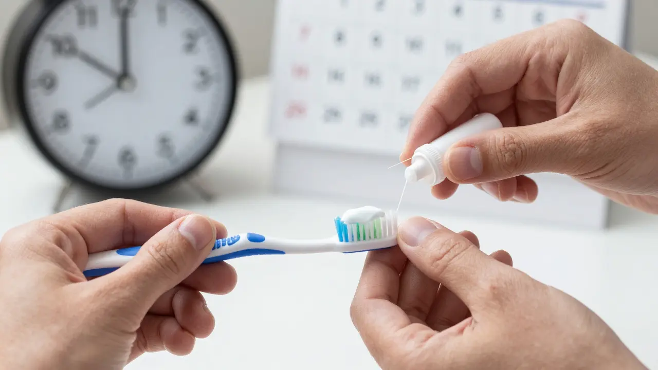 Hands holding toothbrush and antibiotic paste, symbolizing ongoing care after periodontal therapy.