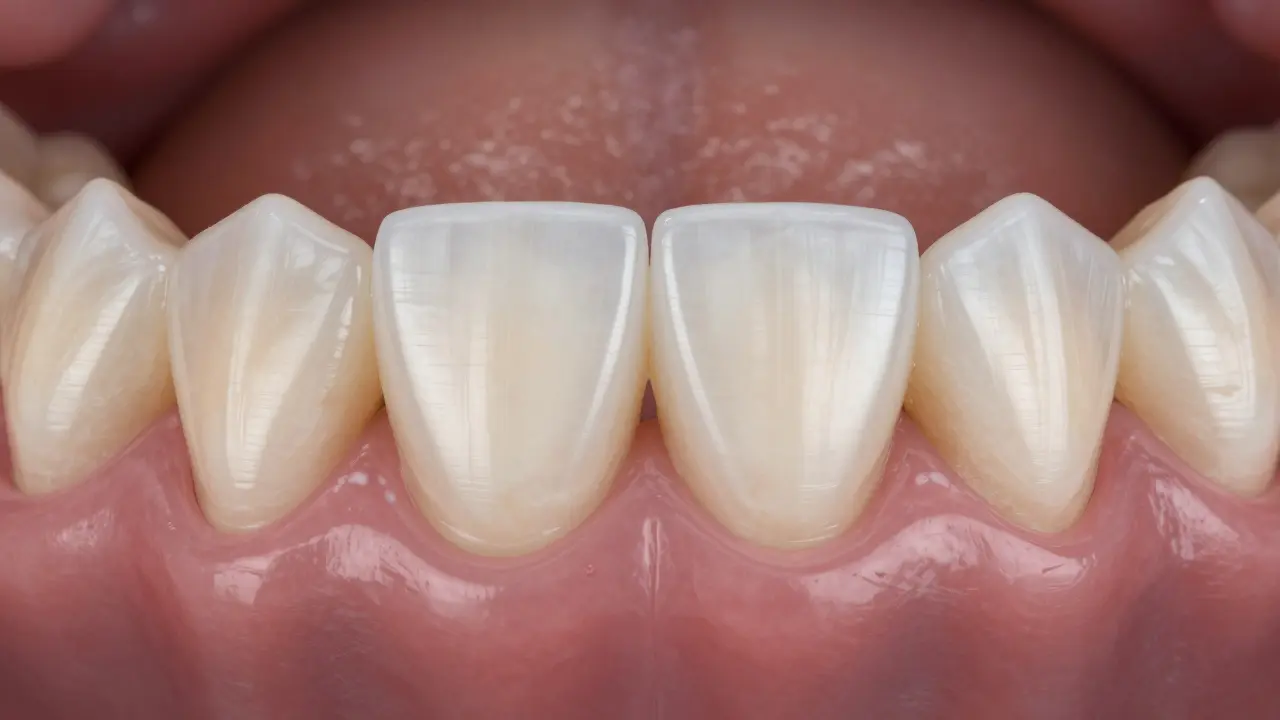 Healthy front tooth with zirconia crown and ceramic veneer after root canal treatment.